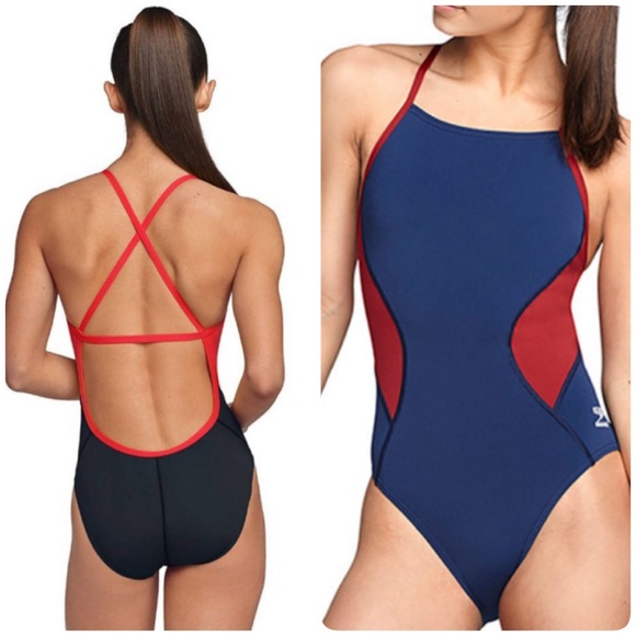 YOUTH 24 NWT new Speedo Girls Navy Red Endurance Crossback One Piece Swimsuit - Picture 1 of 7